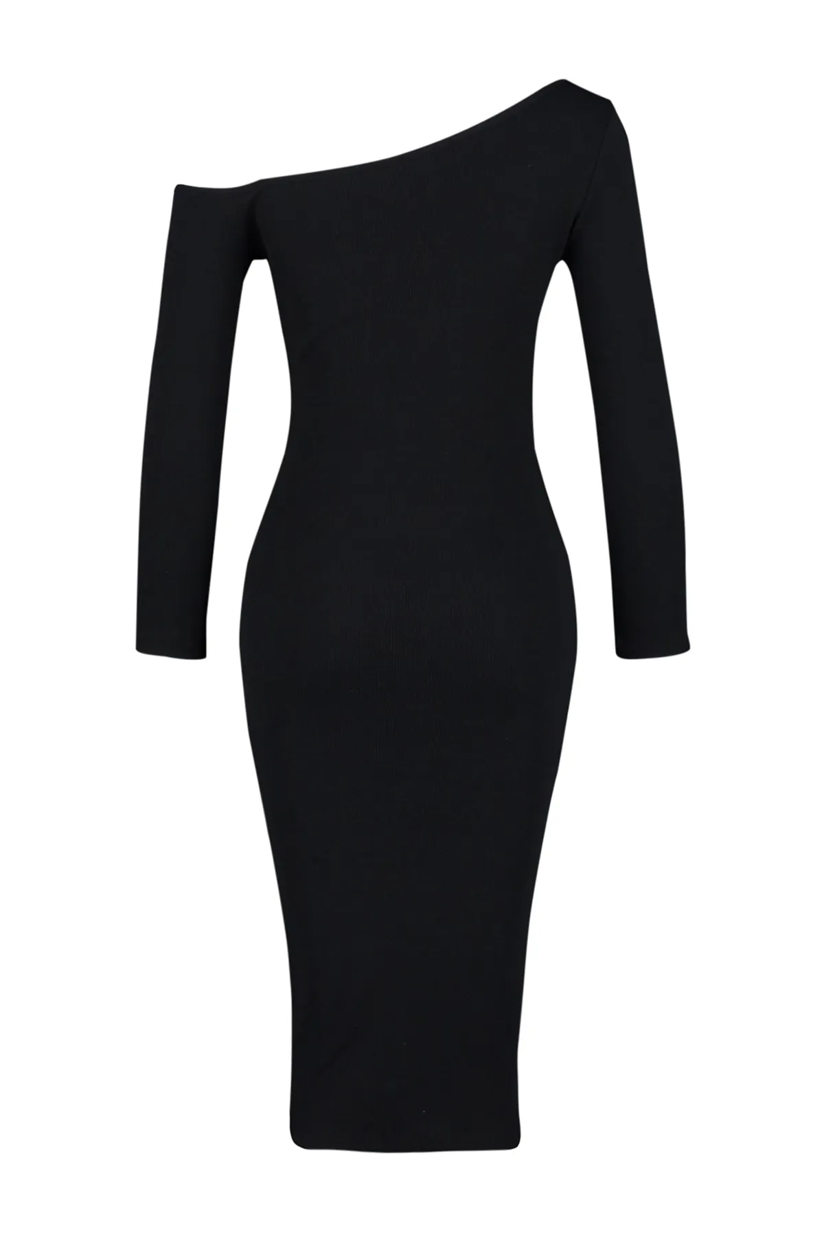 Trendyol Collection  Schwarzes, geripptes, schulterfreies, tailliertes/tailliertes Midi-Bleistiftkleid aus flexiblem Strick TWOAW24EL00201