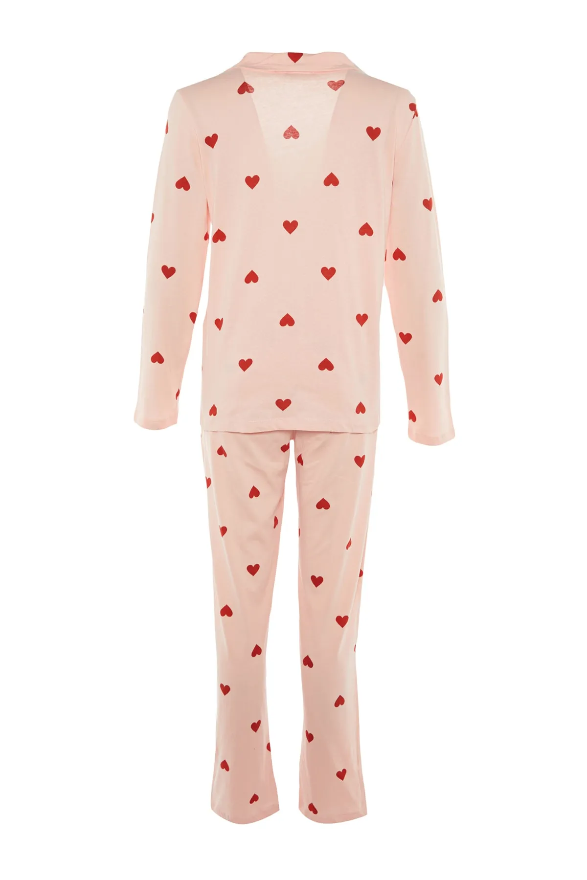 Trendyol Collection  Rosa gestricktes Pyjama-Set aus Hemd und Hose aus 100 % Baumwolle mit Herzmuster THMAW21PT0548