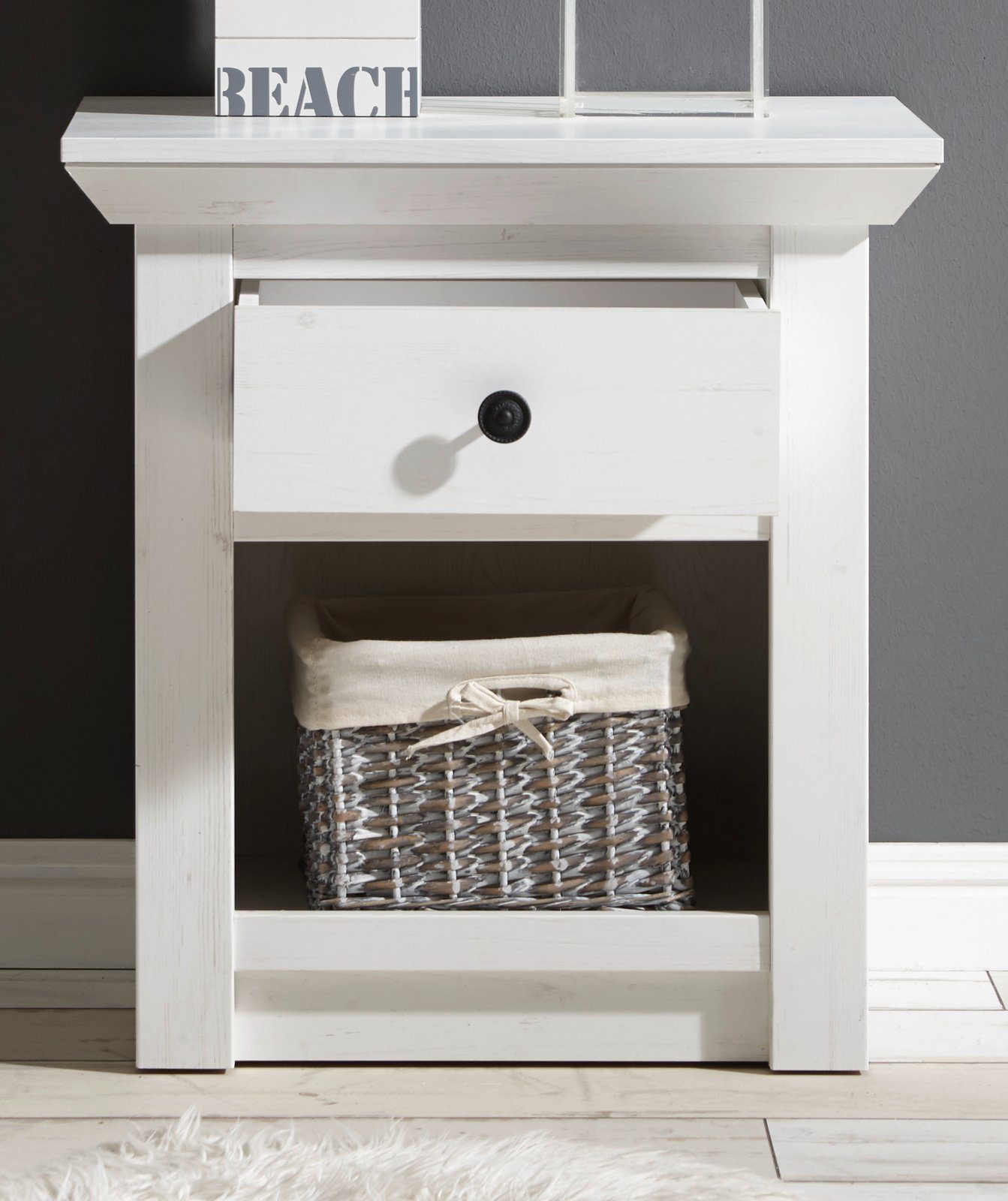 Furn.Design Nachtkommode Hooge (Nachttisch im Dekor Pinie weiß gekälkt, 59 x 62 cm), mit Schublade, Komforthöhe