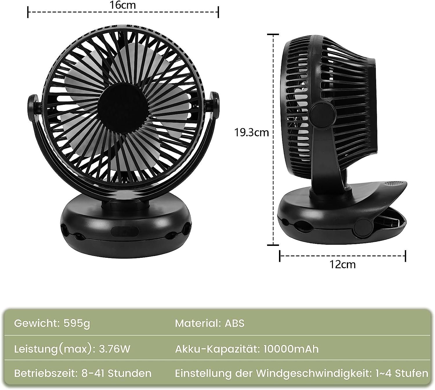 ZMH Mini USB-Ventilator 4 Geschwindigkeiten 10000mAh Akku 360° Drehung Schwarz, Mit integrierten Klammer und dem klappbaren Haken