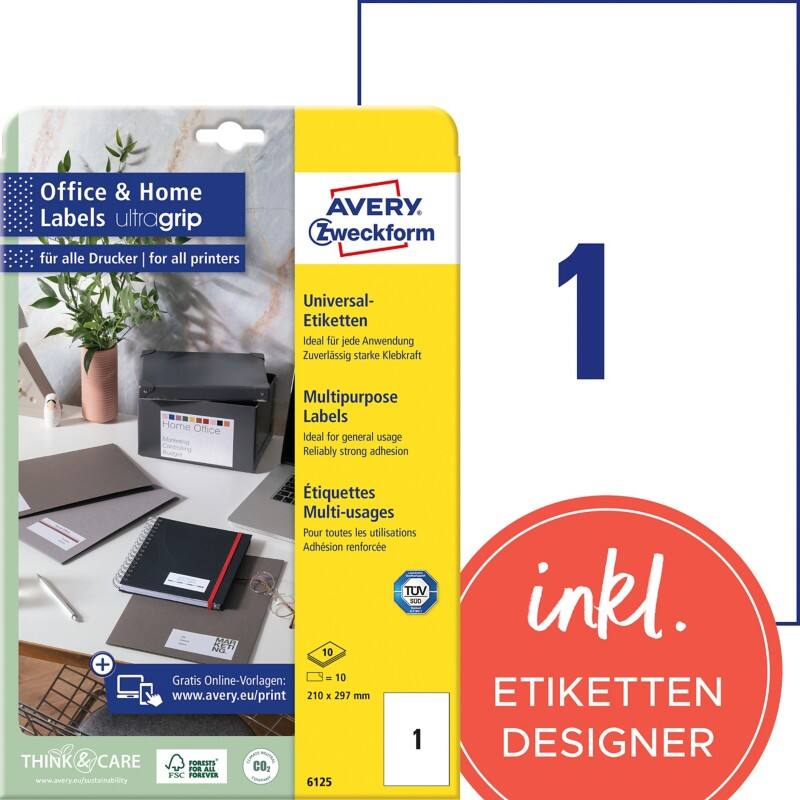 AVERY Zweckform ultragrip Universaletiketten 6125 Selbsthaftend DIN A4 Weiß 210 x 297 mm 10 Blatt à 1 Etiketten