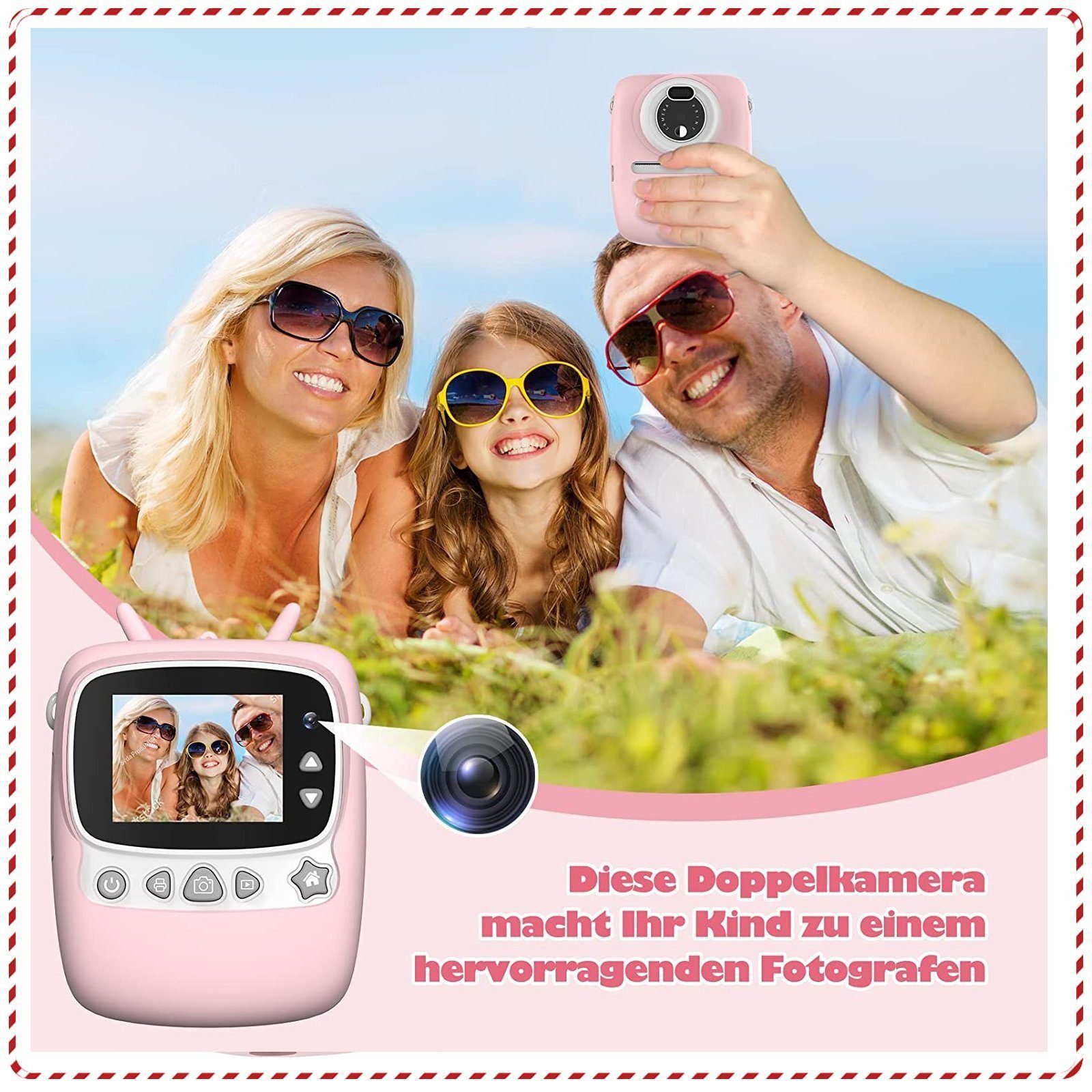 Fine Life Pro Kreative Kinderkamera Sofortbildkamera (30 MP, inkl. 6 farbigen Pinselstiften + 2 Rollen Druckpapier + Aufkleber, Videoaufnahmen mit Ton in Full HD)