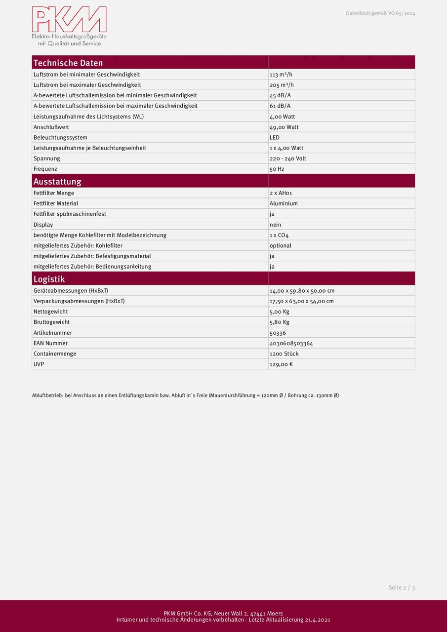 PKM Dunstabzugshaube UBH3001 X