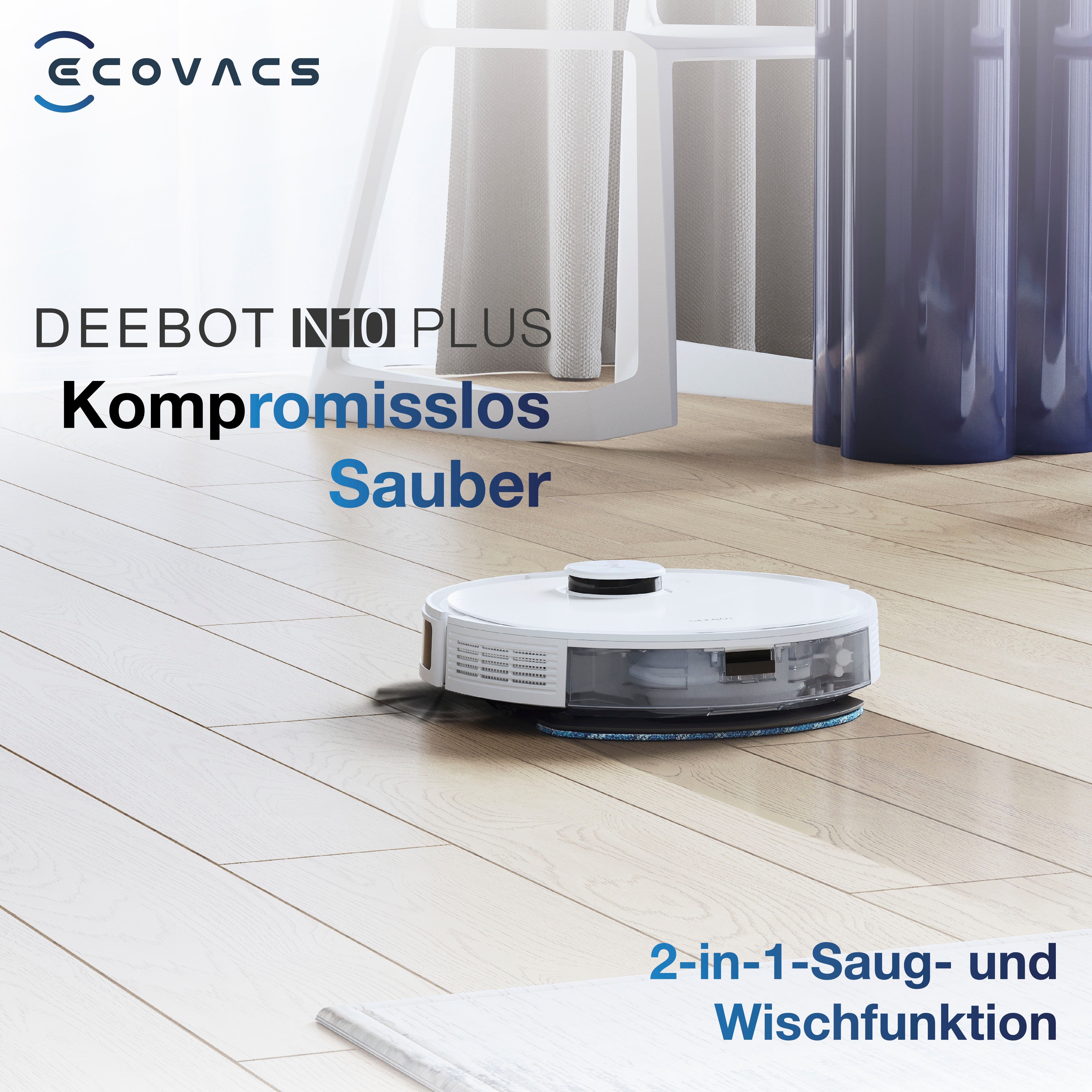ECOVACS Nass-Trocken-Saugroboter DEEBOT N10 Plus, 4300PA, LiDAR Navigation, Absaugstation, für Hartboden, Teppich, Weiss