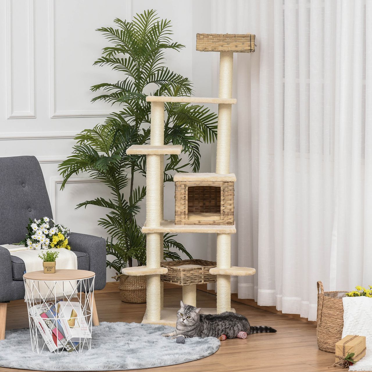 PawHut Rattan Kratzbaum mit Katzenhöhle Hängematte Mehrstufiger Katzenbaum Kletterbaum für Katzen E1 MDF Sisal Beige Braun 55 x 55 x 174 cm