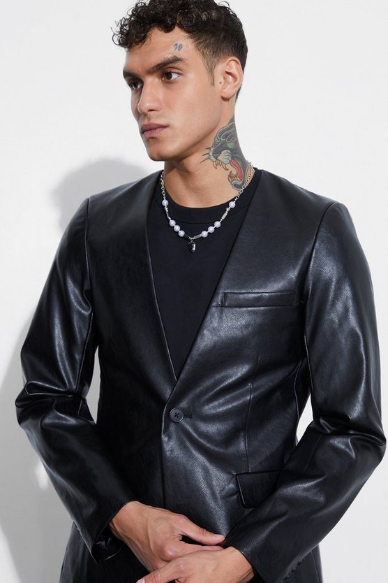 Kragenlose Slim-Fit PU-Anzugjacke
