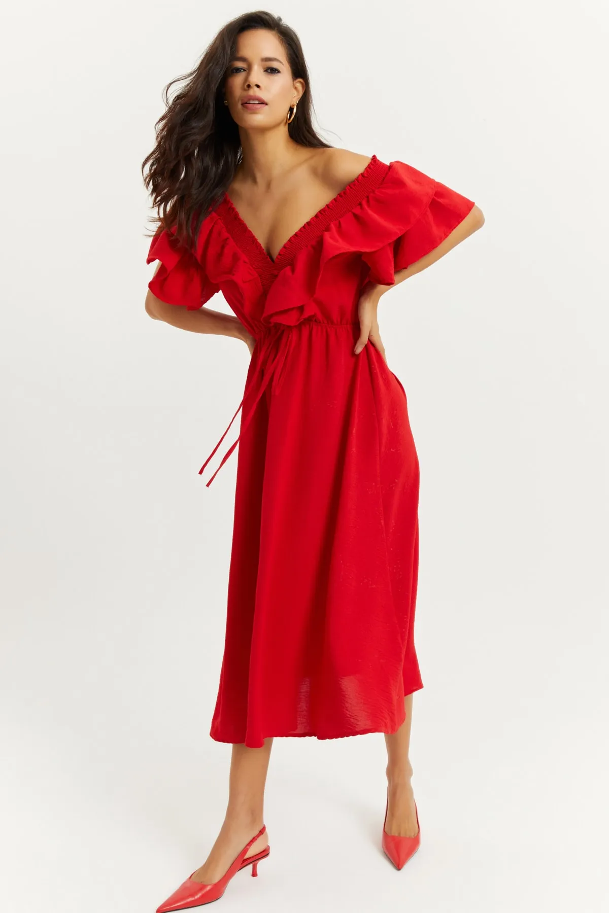 Cool & Sexy  Rotes Damen-Volantkleid mit V-Ausschnitt vorne und hinten KS113