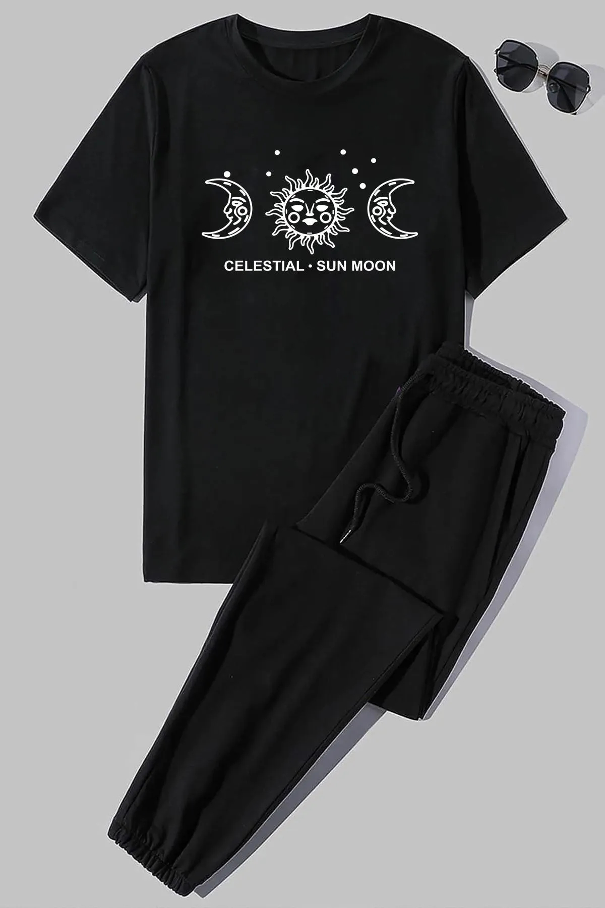 uyguntarz  2-teiliges Unisex-Trainingsanzug-Set mit Sonnen- und Mond-Aufdruck
