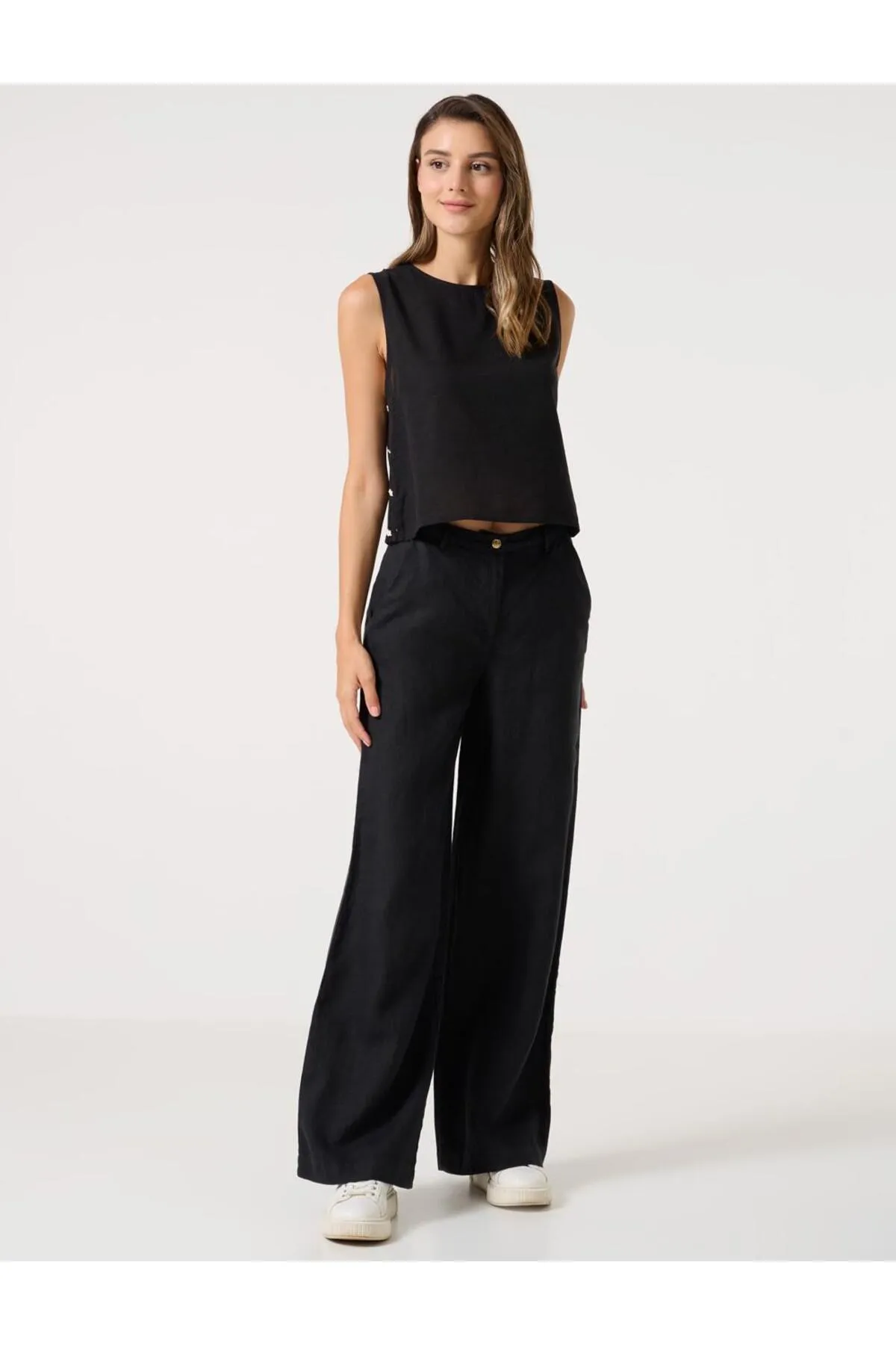 Jimmy Key  Schwarze, locker geschnittene Leinenhose mit hoher Taille und Taschen