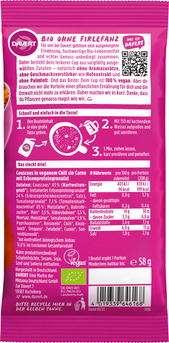 Fertiggericht, Couscous Cup Chilli sin Carne mit Erbsenhack, 58 g