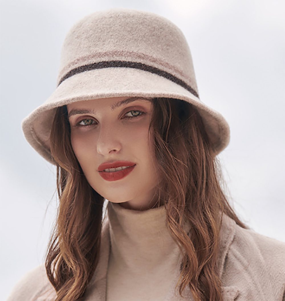 HutWorld Filzhut Damen Filz Fedora Hut (Cloche Hut Bowler Hüte Bucket Hat Eimerhut, Mode-Streifen) Wintermütze Bequem und Warm für Frühling/Herbst/Winter