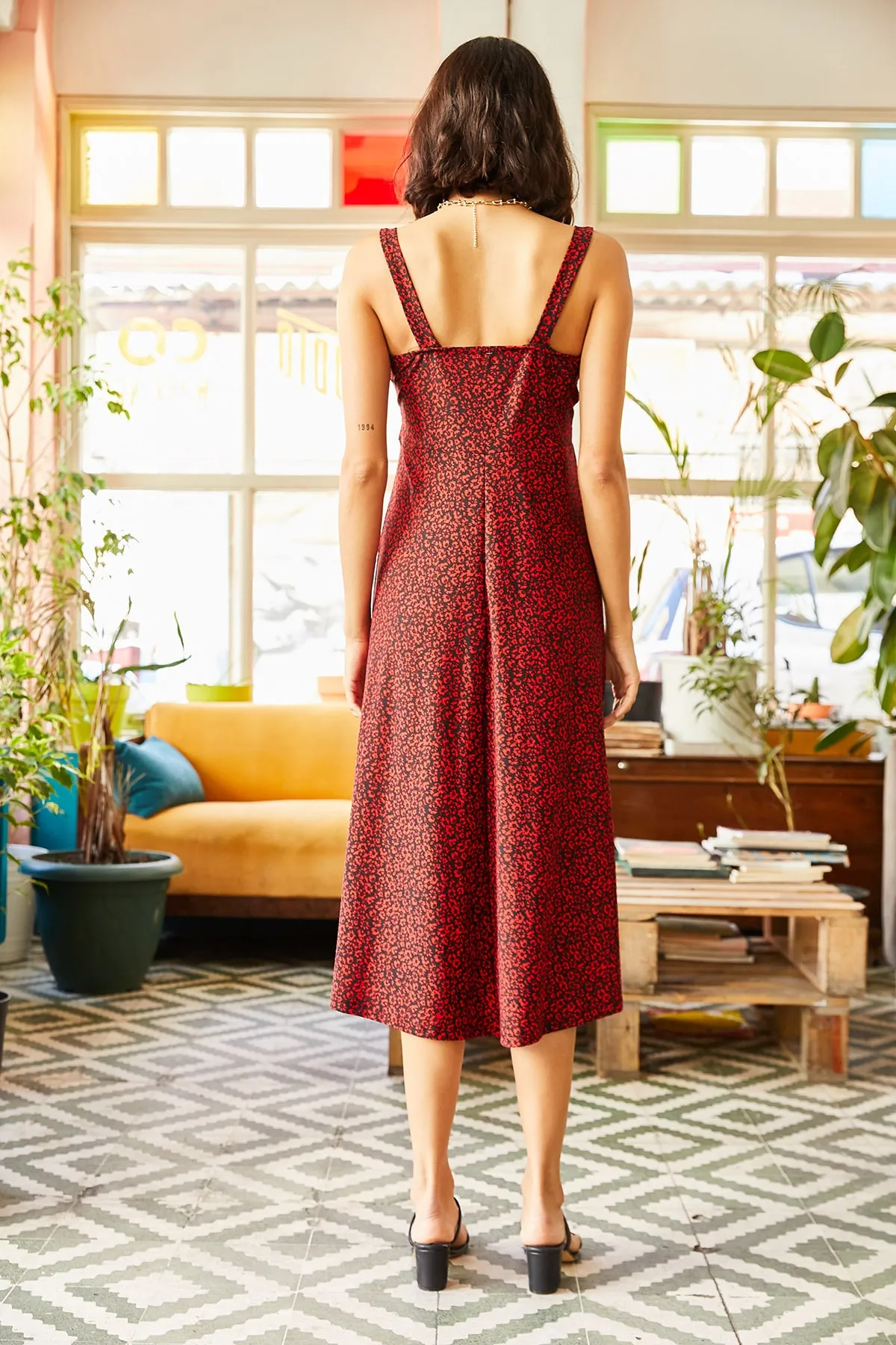Olalook  Rotes Damenkleid mit Reißverschluss und Muster ELB-19000615