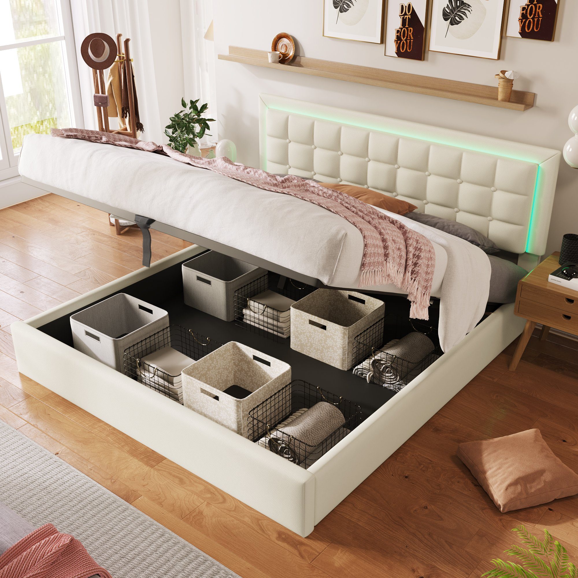 REDOM Polsterbett Leder Doppelbett Bett Funktionsbett Hydraulisch mit LED Leuchte (mit Stauraum, Massivholzbett), Weiß, ohne Matratze/mit Matratze, 140×200cm/160×200cm/180×200cm