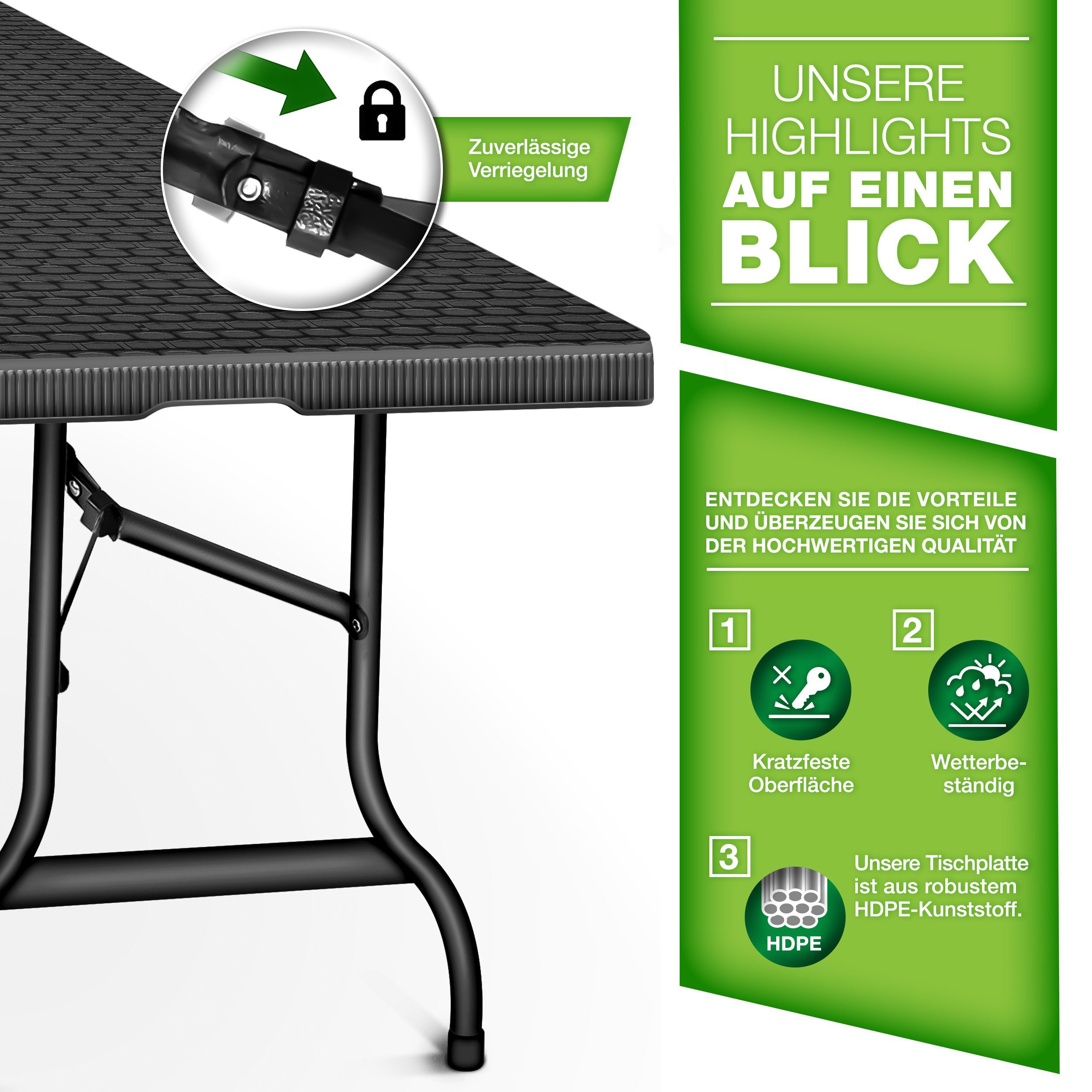 tillvex Gartentisch Buffettisch klappbar Rattan 180x75cm, Klapptisch (Gartentisch), Campingtisch