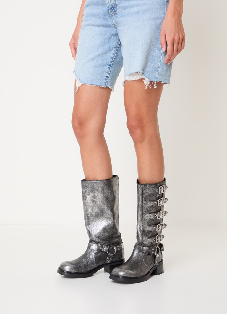 Ghete de motocicletă Steve Madden Battle din piele cu finisaj metalic