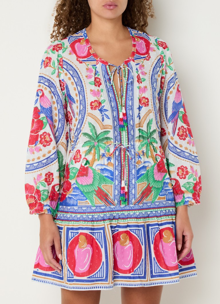 Vestido túnica corto Farm Rio con estampado y cuello con lazo