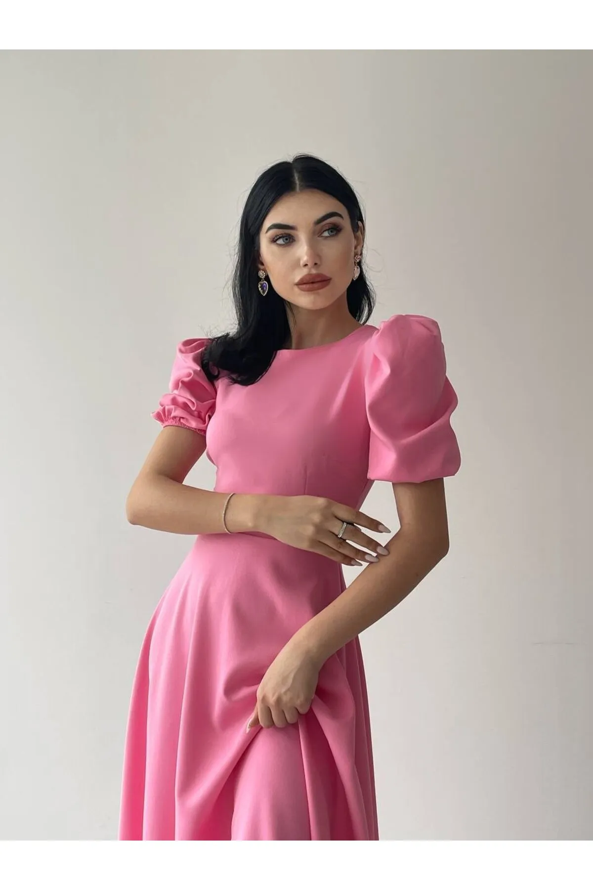 Afiş Butik  Schwarzer Rock mit Rundhalsausschnitt und Ballonärmeln, ausgestelltes Premium-Kleid in Midi-Länge
