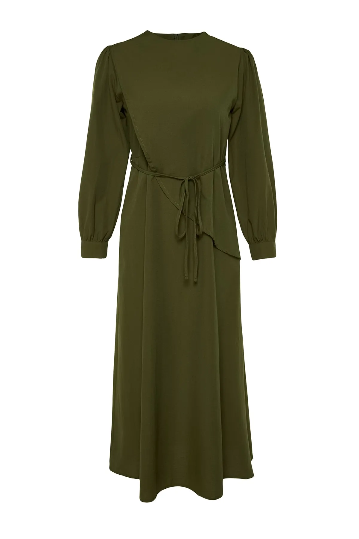 Trendyol Modest  Khakifarbenes, geschlitztes Kleid aus gewebter Baumwolle mit Gürtel vorn TCTSS23EB00360
