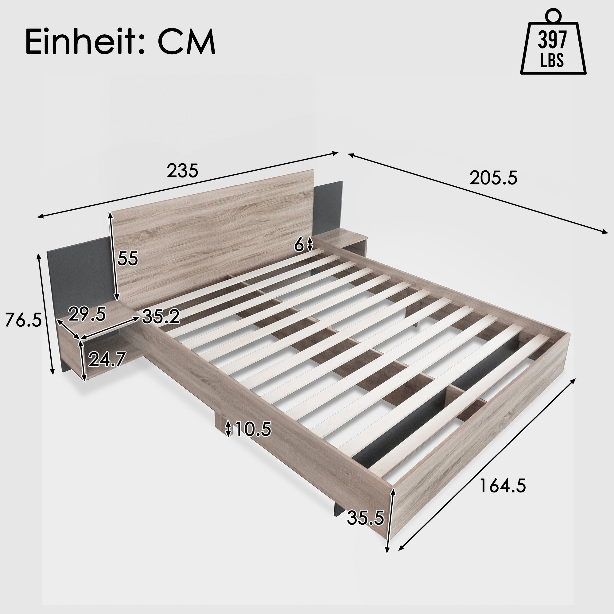 OKWISH Massivholzbett Natur Bett Solide (160x200cm mit Lattenrost ohne Matratze), mit 2 Nachtkommoden Modernes Bett inkl