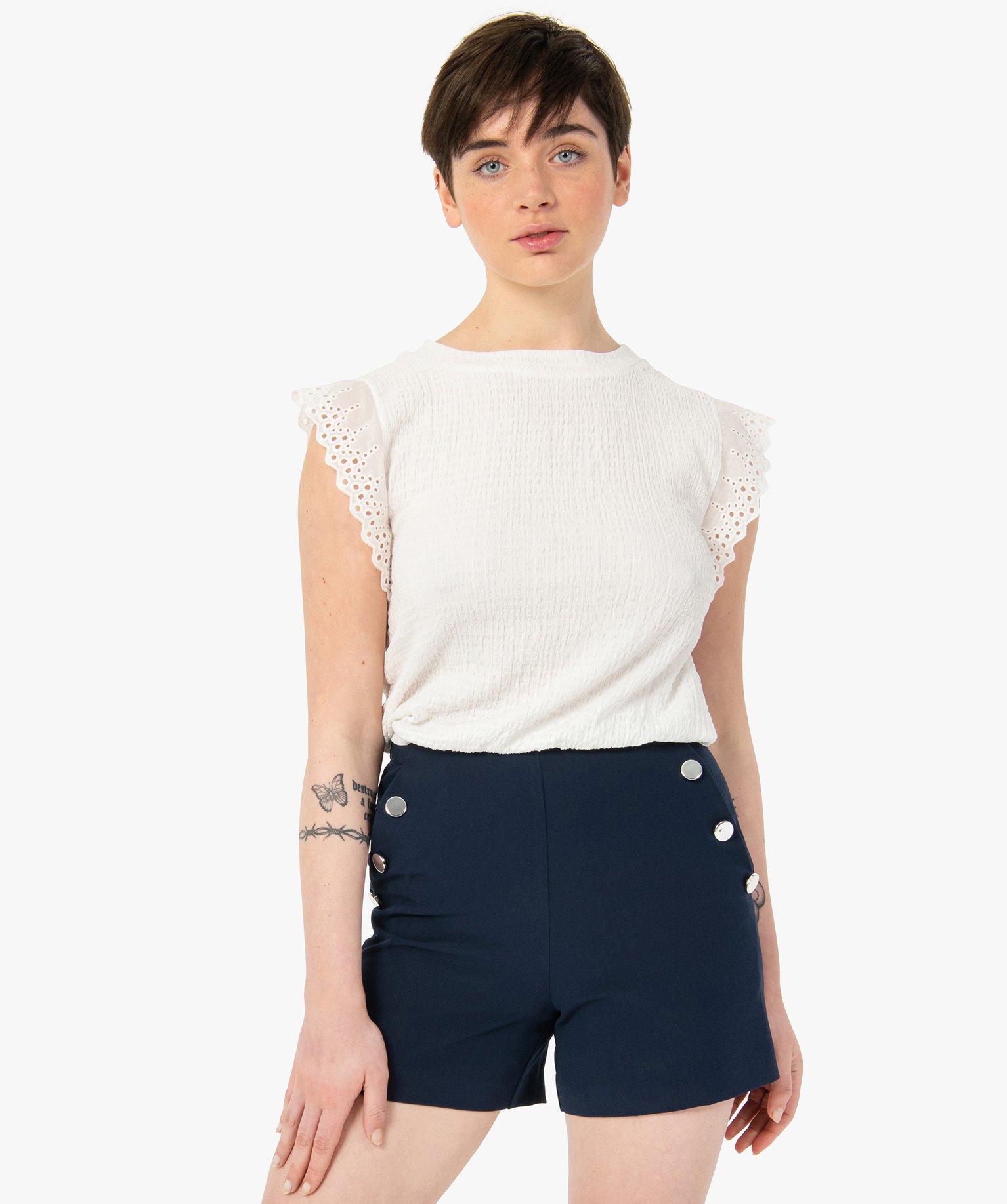 Tee-shirt femme sans manches en matière texturée ecru | GEMO
