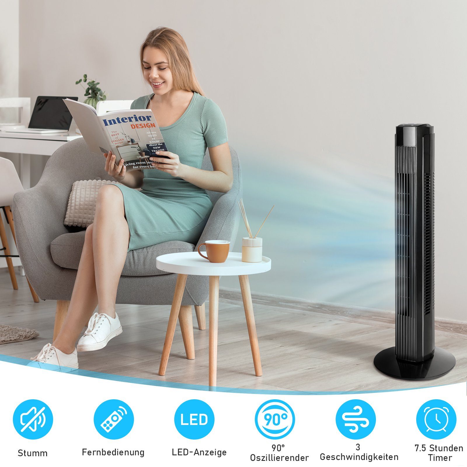 Nettlife Turmventilator Leise 90° Oszillation mit Fernbedienung Standventilatoren Timer, ‎Timer, LED-Licht, Ferngesteuert, Oszillierend