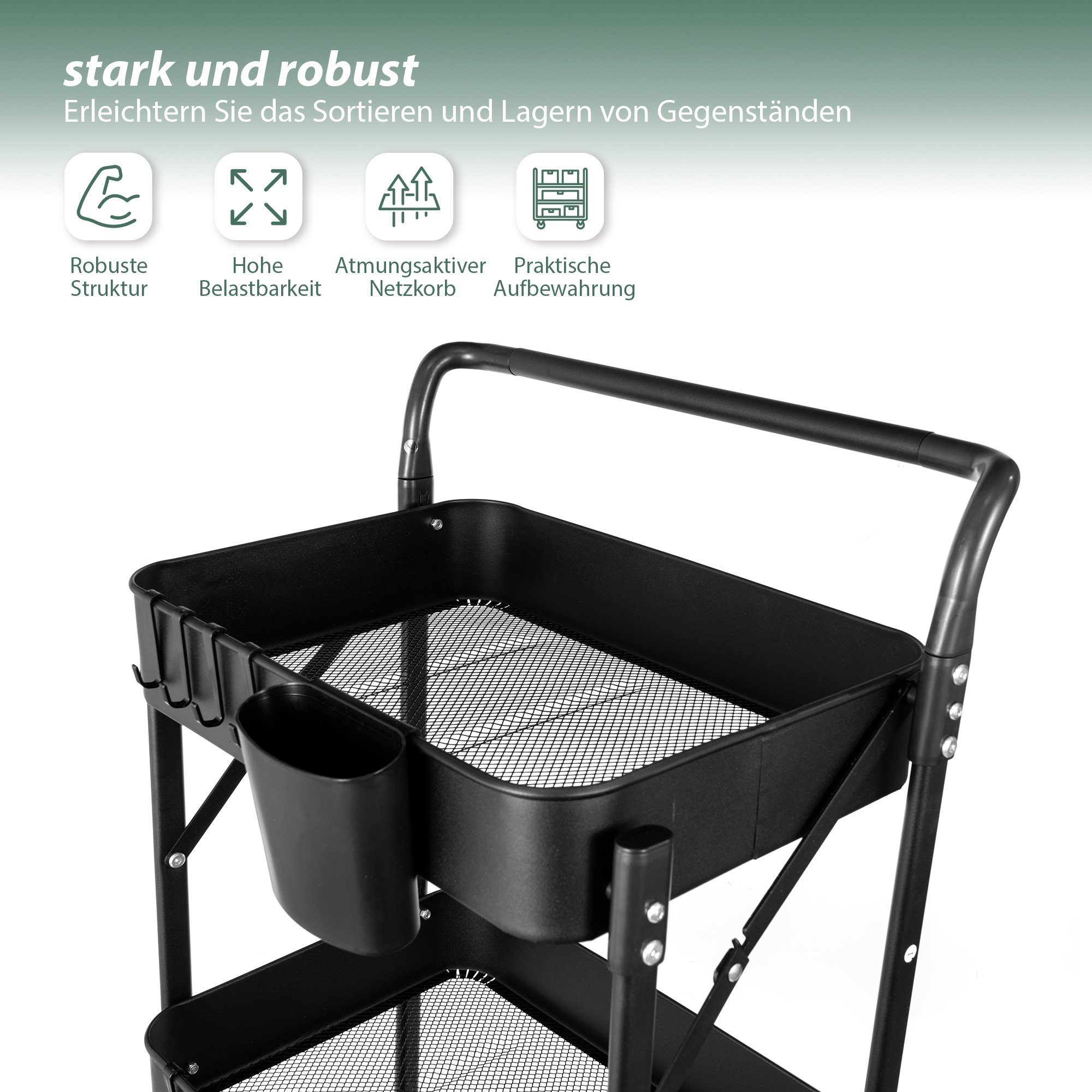 HomeGuru Beistellwagen 3 Etagen, klappbar Servierwagen, Metall-Stauraumwagen, Küchenwagen, (1 St., Packung)