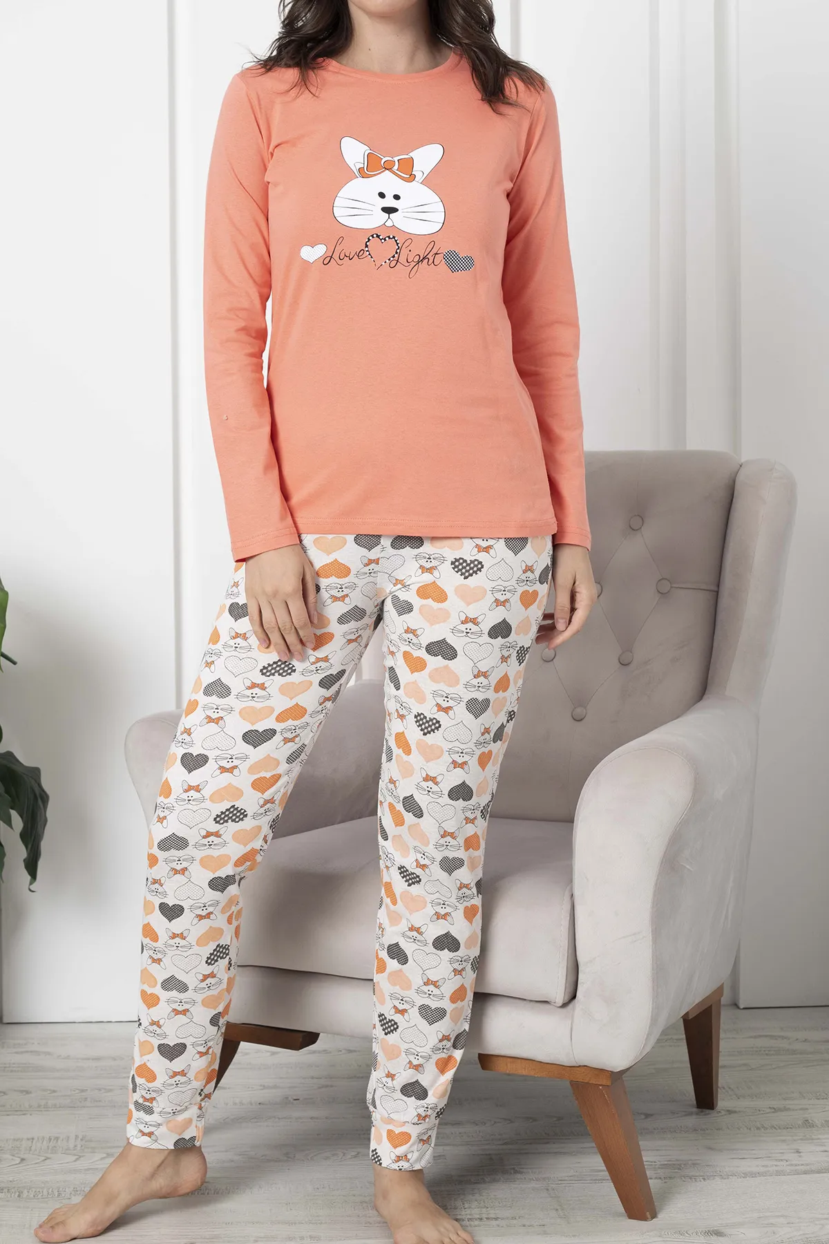 Lady Secret  Damen-Pyjama-Set mit langen Ärmeln, Baumwolle, LACHS