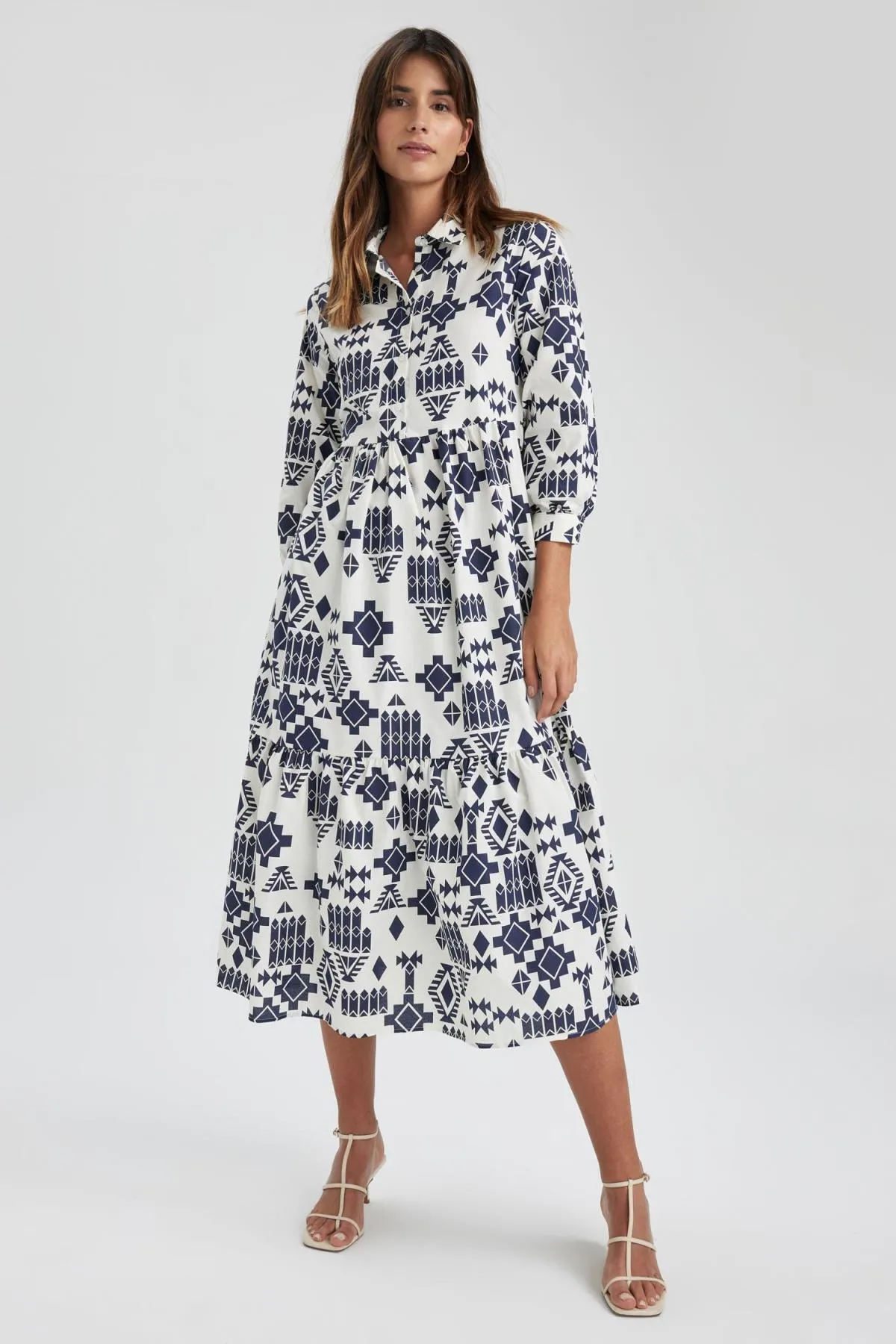 DeFacto  Gemustertes Maxi-Halbarmkleid aus Frottee-Baumwolle mit Hemdkragen Z9109az23sp