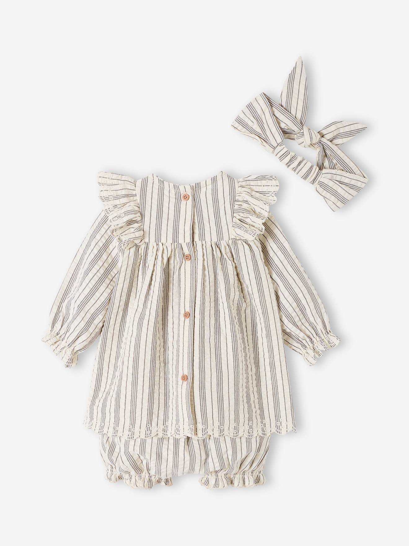 Vertbaudet Mädchen Baby-Set: Kleid, Shorts & Haarband - wollweiß