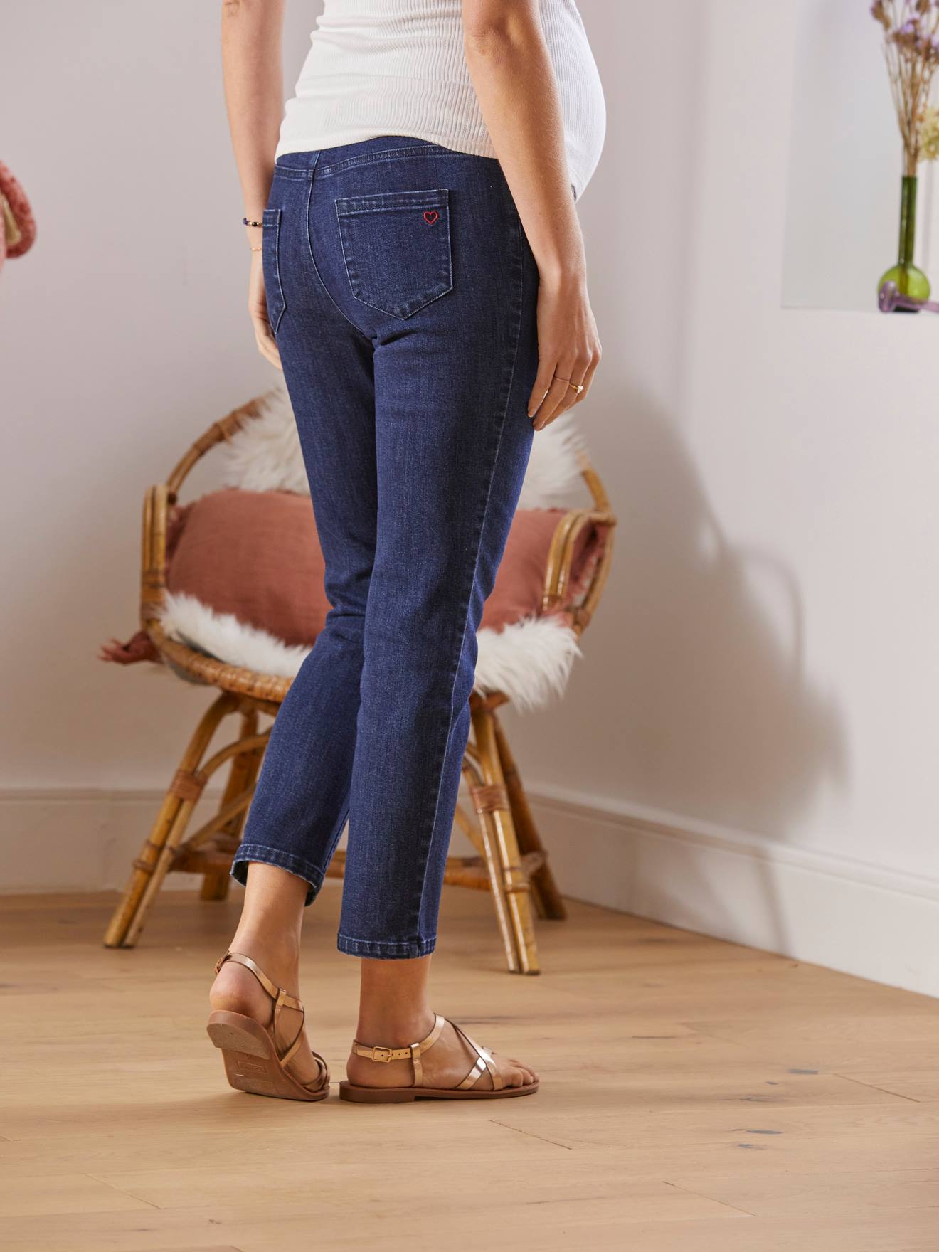 Jean droit 7/8ème de grossesse bandeau sans couture bleach