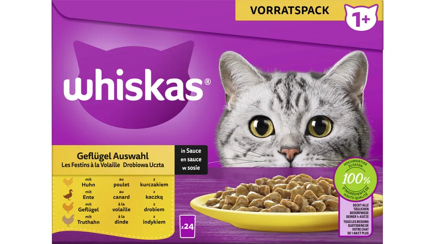 Whiskas® Portionsbeutel Vorratspack 1+ Geflügel Auswahl in Sauce Katzennassfutter 2040 g