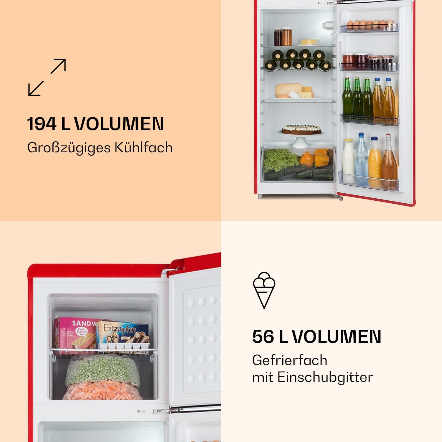 Klarstein Kühl-/Gefrierkombination CO2- Audrey 250R 10032238A, 172 cm hoch, 55 cm breit, Kühlschrank mit Gefrierfach Kühl Gefrierkombination freistehend Retro