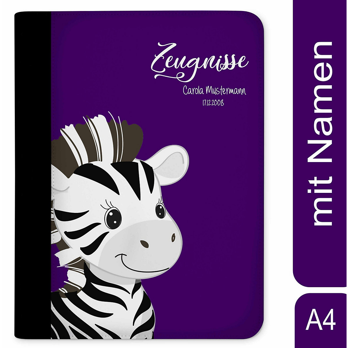 Zeugnismappe / Dokumentemappe mit Name personalisiert Zebra Lila