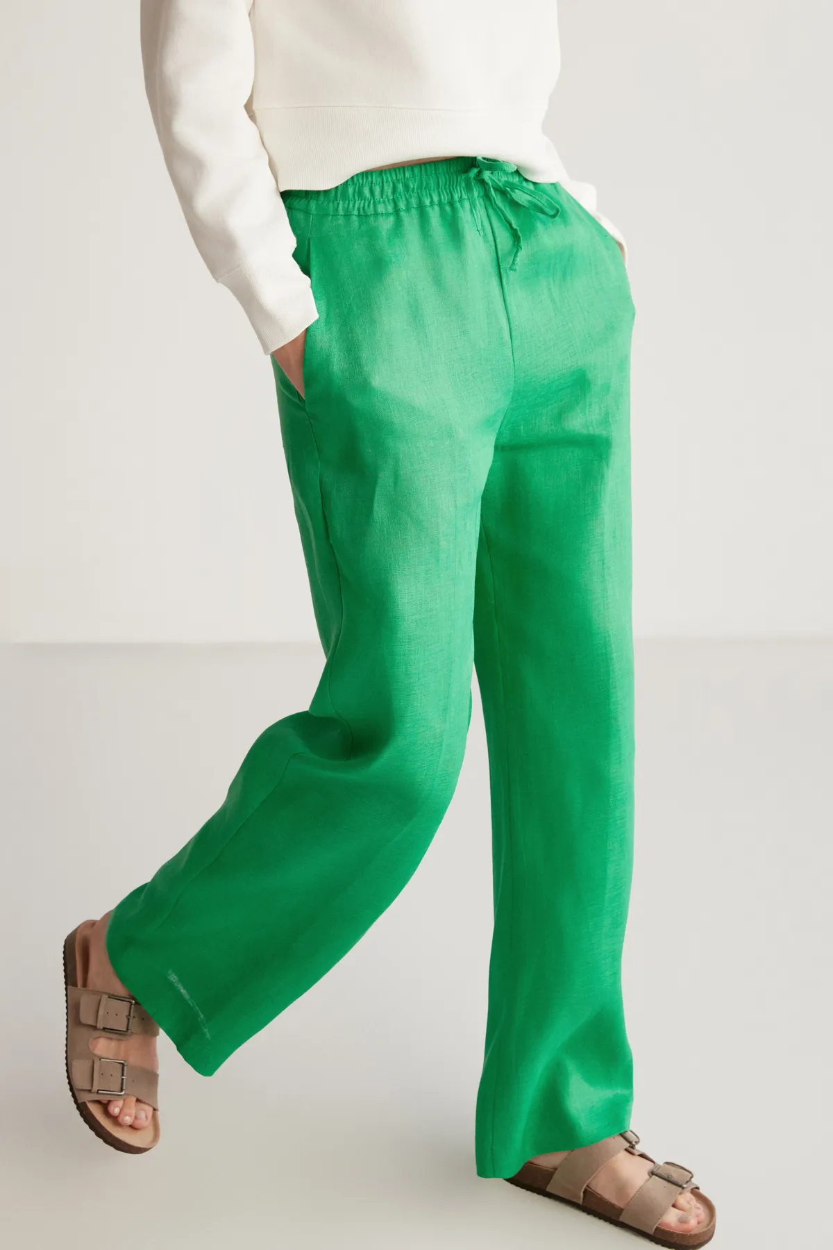 GRIMELANGE  Sadıe Damen-Hose aus 100 % Leinen, entspanntes Muster, grün, mit elastischem Bund