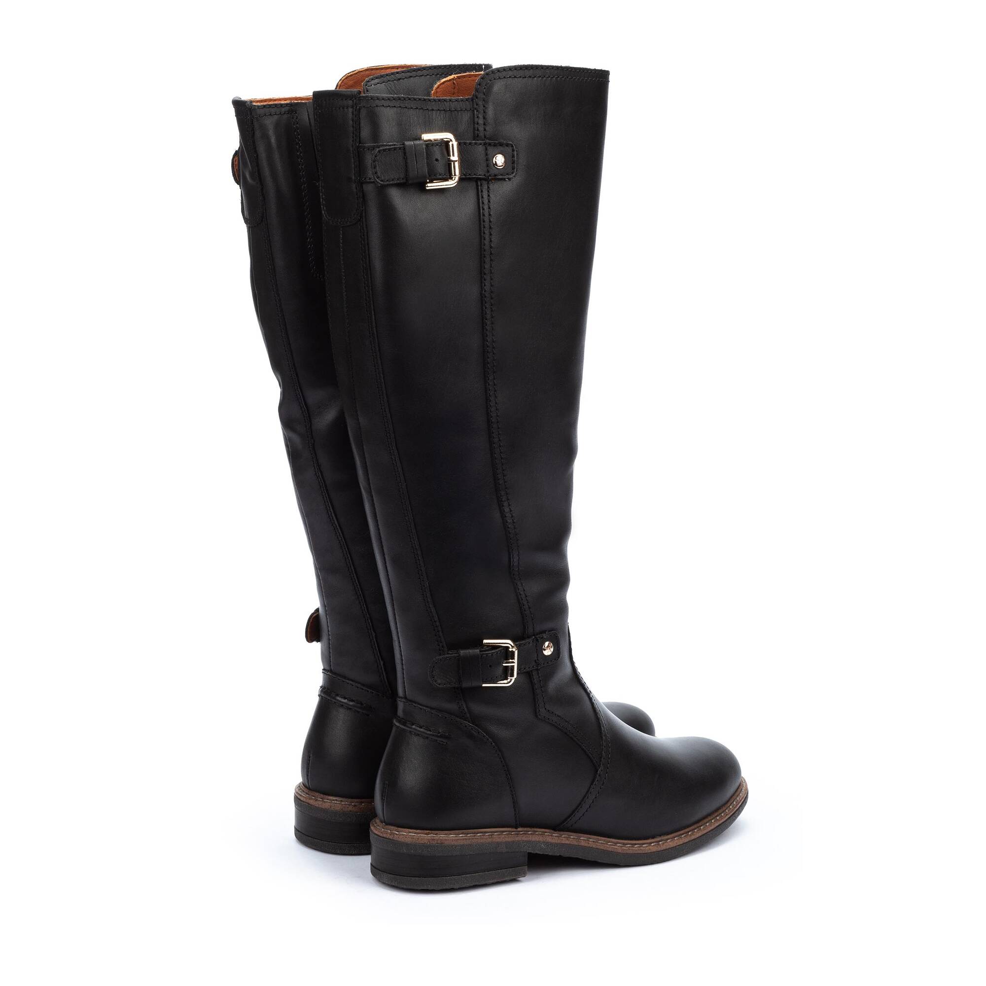 Skórzane buty z wysoką cholewką i podwójną klamrą - CZARNE