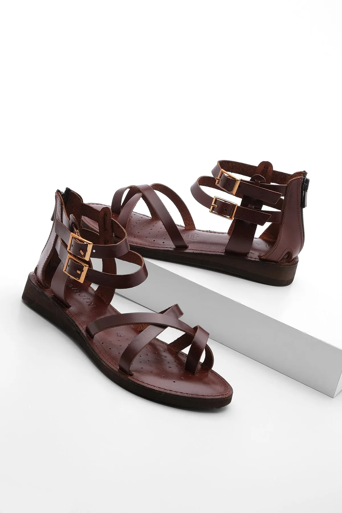Marjin  Damen Echtleder Leichte Eva Sohle Flip Flop Alltagssandalen Zelos Rot Braun