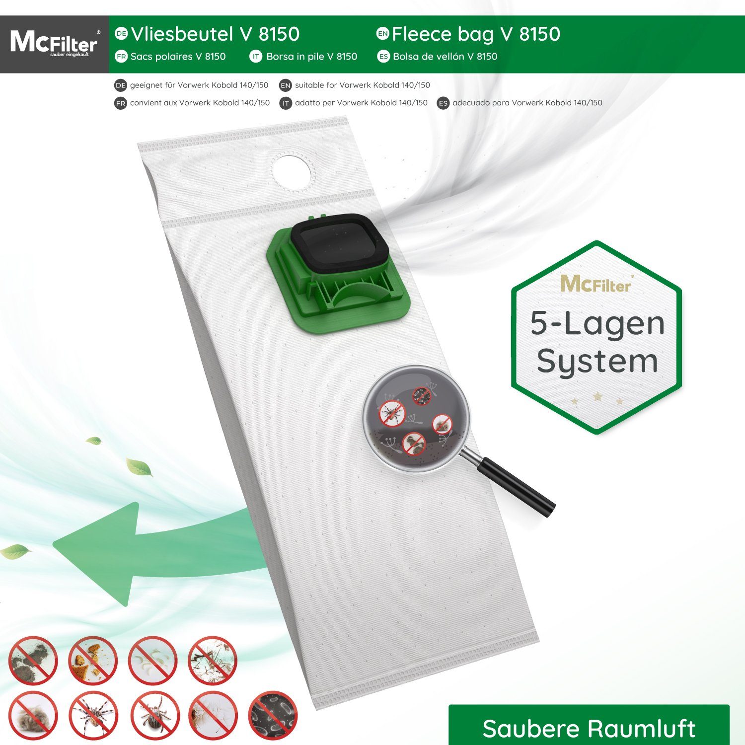 McFilter Staubsaugerbeutel geeignet für Vorwerk Kobold VK 140 VK 150 FP 140 FP 150, 6 St., 5-lagig, Mikrovlies, Kunststoffdeckscheibe mit Staubverschluss