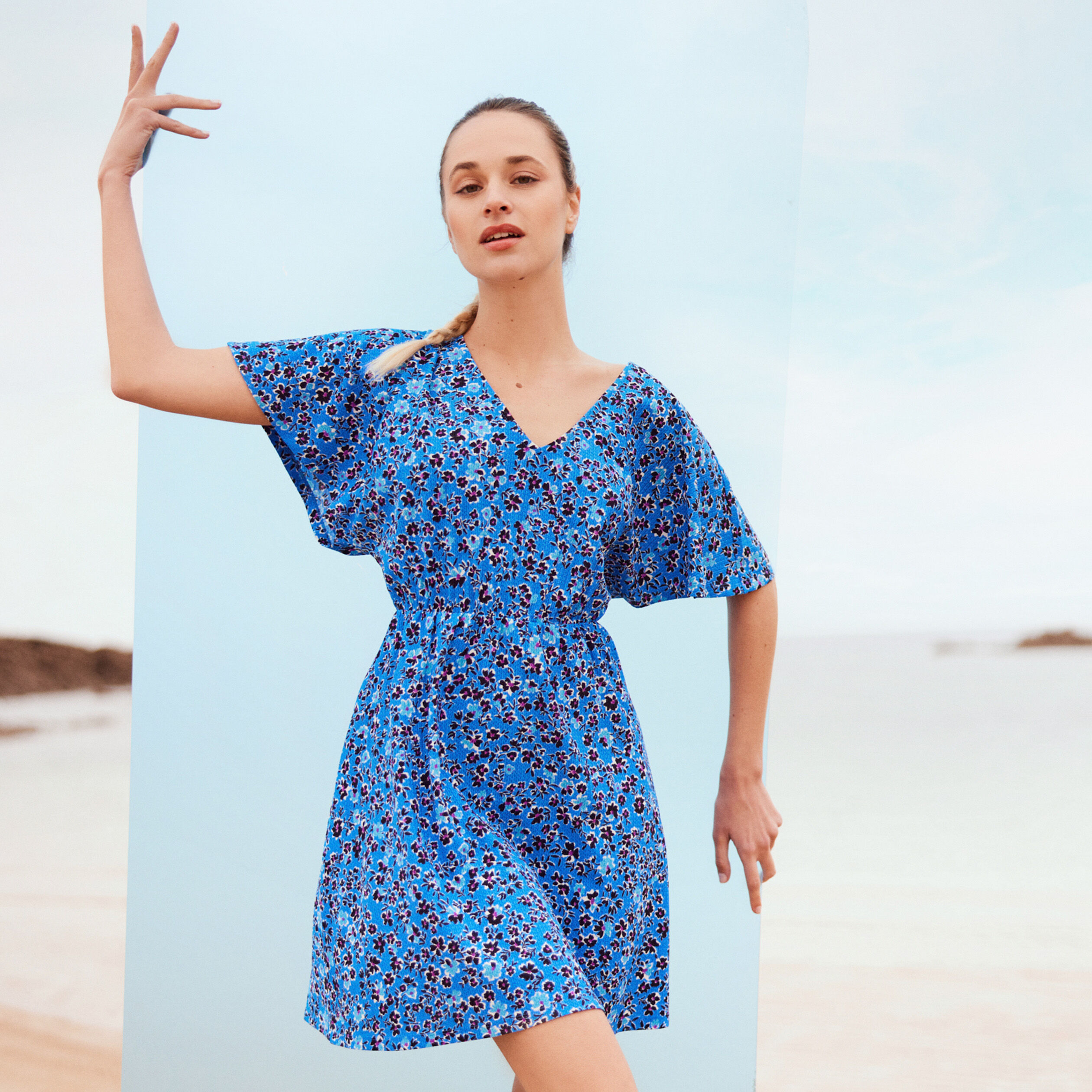 Robe évasée col en V bleu femme | Cache Cache