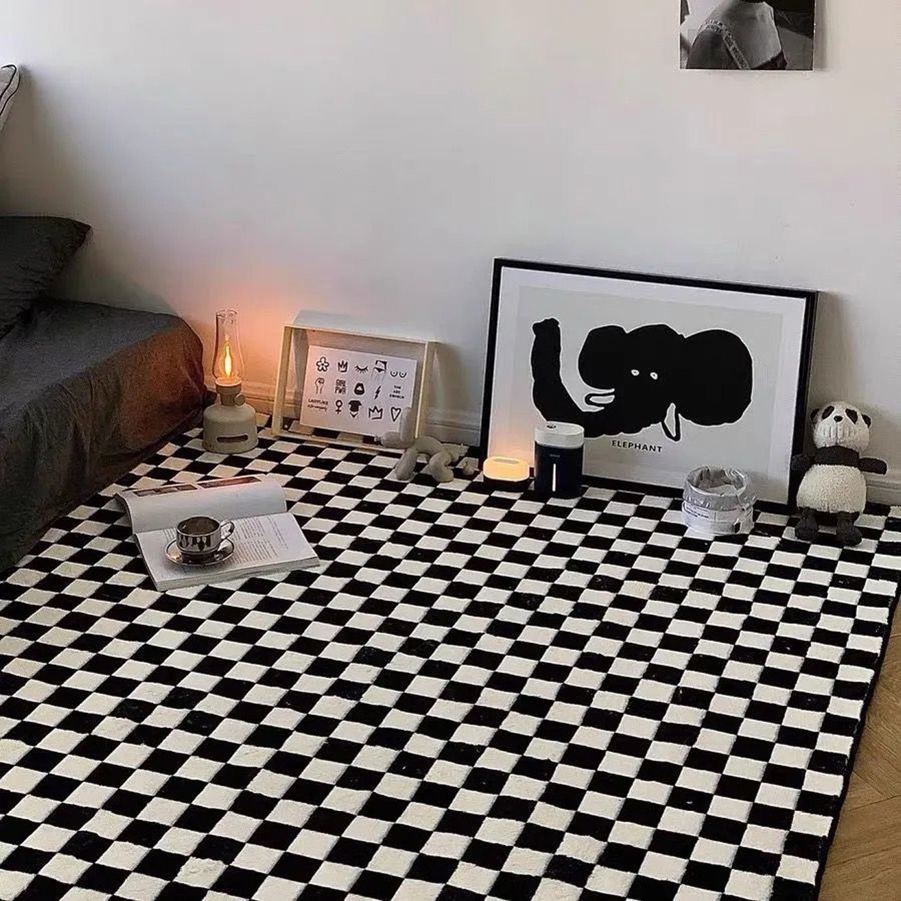 Fellteppich Fußmatte für die Vordertür, schwarz-weißes kleines Karomuster, HOHEA H, 80*120CM, mit geometrischem Muster, Fußmatte