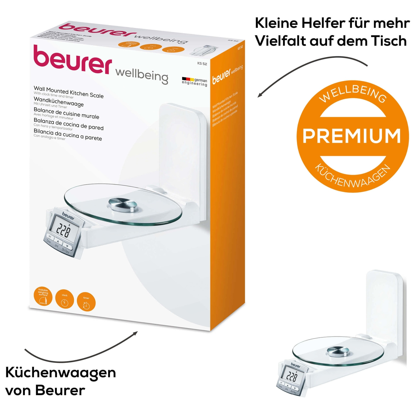 Beurer Wandküchenwaage - KS 52-Klappbare Küchenwaage für die Wand mit Uhrzeit & Timerfunktion
