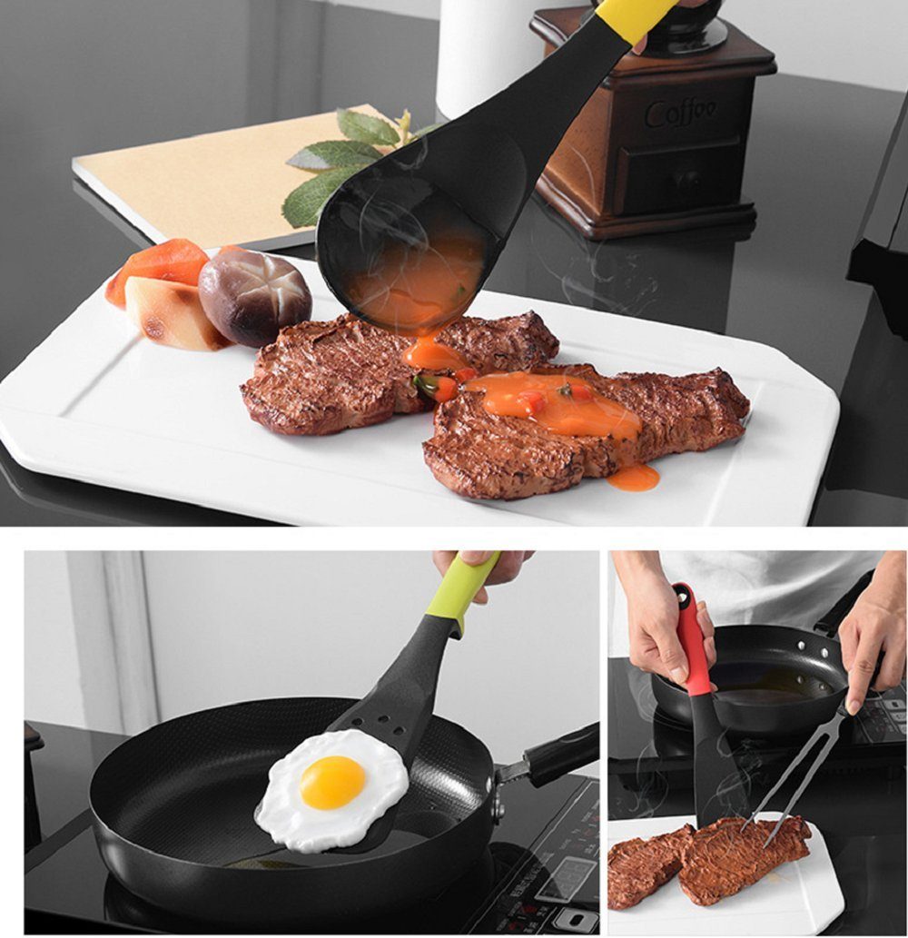 Cheffinger Kochbesteck-Set Küchenhelfer 7-teilig Spaghettiheber, Schöpfkelle, Pfannenwender, Servierlöffel Kochbesteck Drehbar Gastronomie