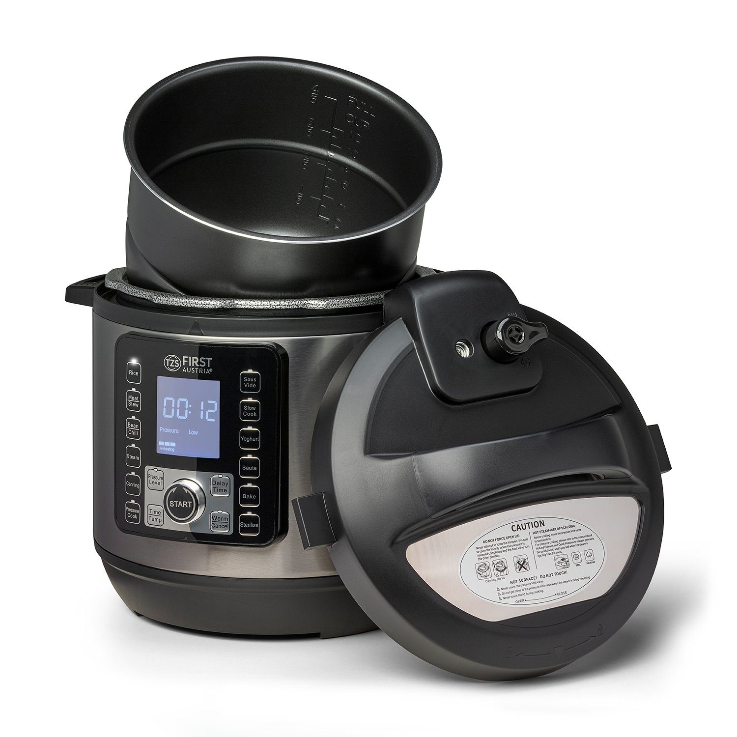 TZS FIRST AUSTRIA Dampfgartopf Druckkochtopf elektrisch 6L, Multikocher, 12 Programme, Reiskocher, Schnellkochtopf, Dampfgarer mit Warmhaltefunktion, Grau-Schwarz