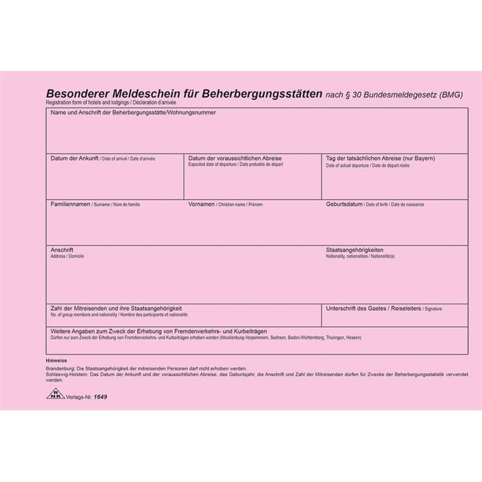 RNK Meldescheinblock für Beherbergungstätten DIN A5