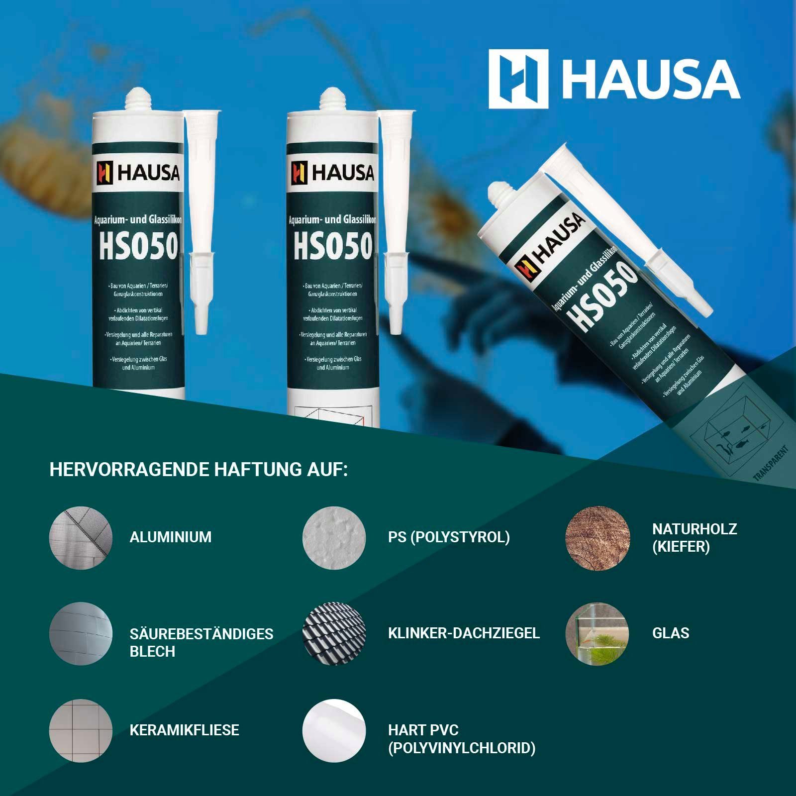 Hausa Silikon, Profi Silikon Kleb- und Dichtstoff für Aquarien und Glaskonstruktionen, Kartusche 310 ml, (Starke Haftung, 1-tlg., Schnelltrocknend), Süß- und Meerwasserbeständig Hohe Elastizität