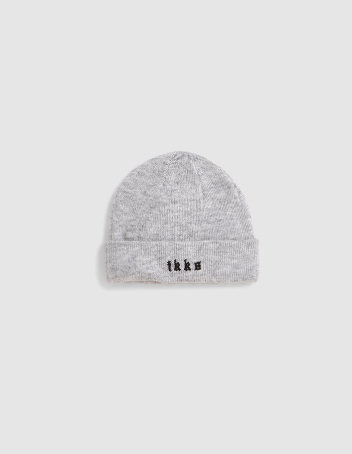 Bonnet gris tricot brodé découpe masque bébé garçon