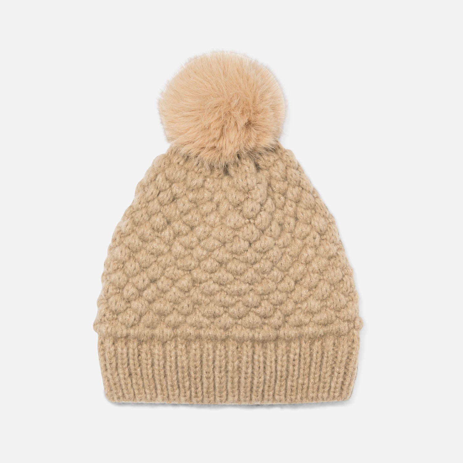 Bonnet TEXTO beige foncé en tricot à pompon