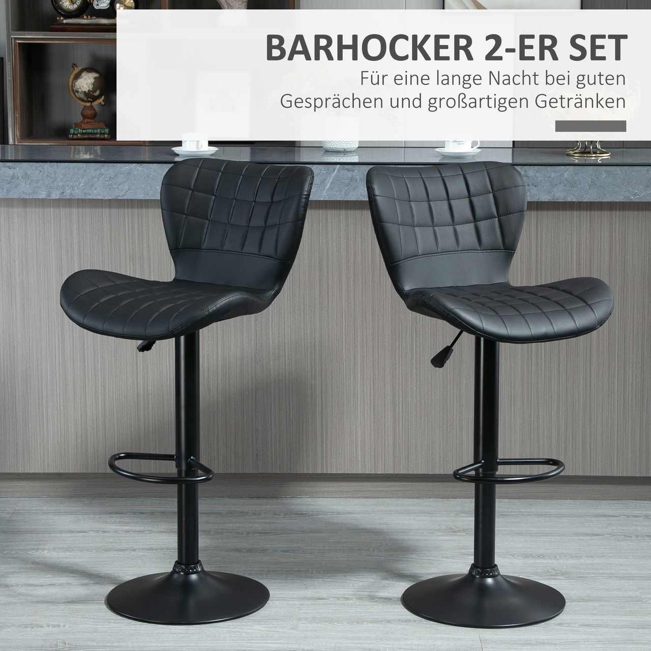 HOMCOM Barhocker 2er-Set Barstuhl Tresenhocker Bistrohocker Küchenhocker Drehstuhl mit Rückenlehne für Küche Esszimmer Kunstleder Schwarz 47 x 56 x 89-109 cm