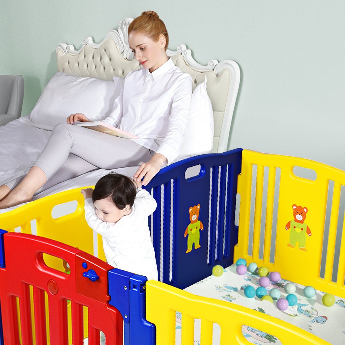 COSTWAY Laufgitter Baby Laufstall, mit Tür & Sicherheitsschloss