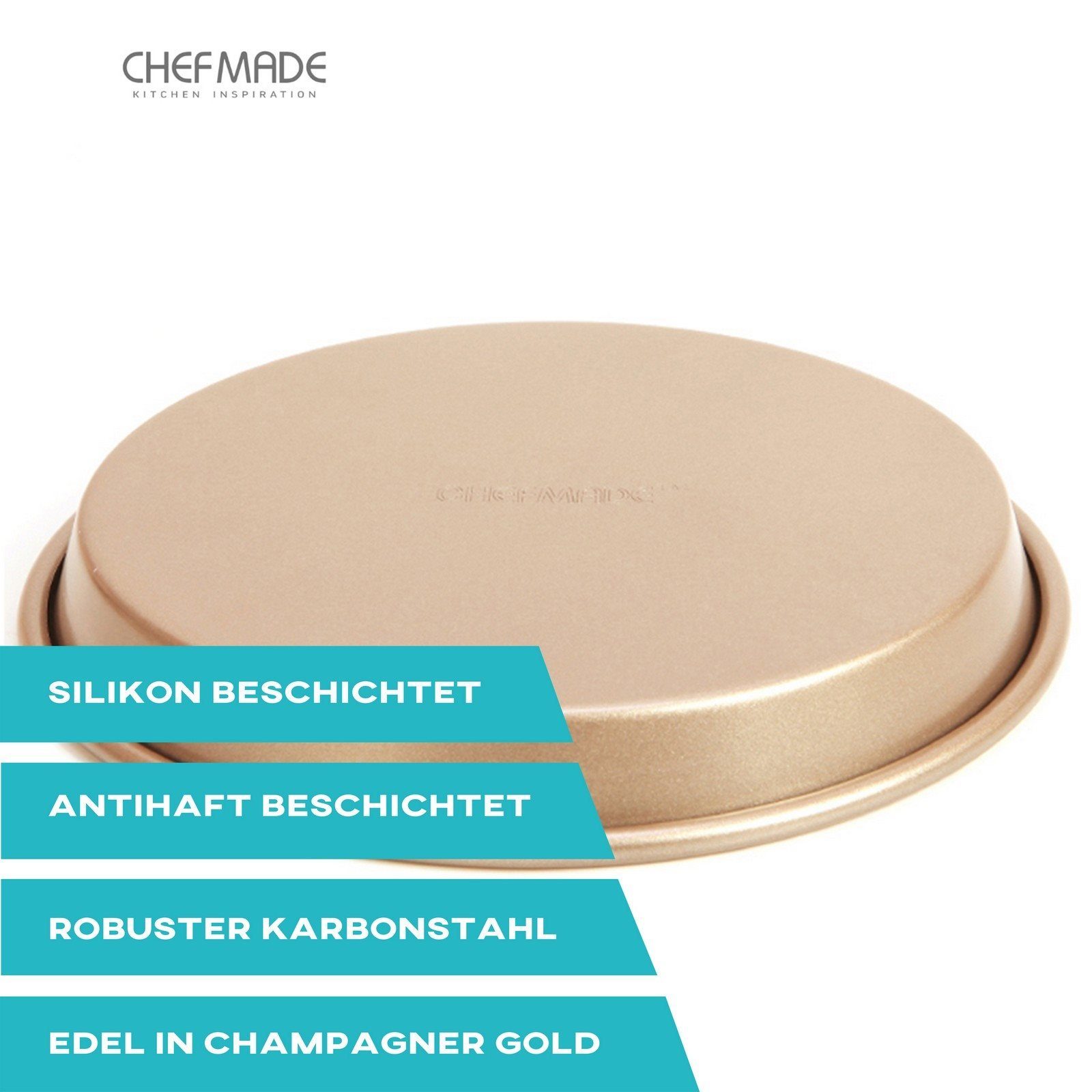 Chefmade Pizzablech Backblech, Karbonstahl, (CHEFMADE, 18cm Pizzablech rund, 194x25mm, Champagnergold, antihaft- & silikonbeschichtet, Pizzaform, Kuchenblech, Tarteform, Quicheform, Ofenblech, Karbonstahl, 1-St., Premium), Pizzablech - Pizzablech Run