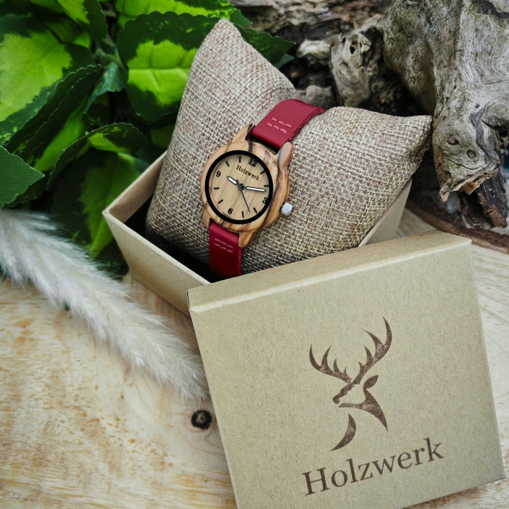 Holzwerk Quarzuhr CLARA RED kleine Kinder Holz & Leder Armband Uhr, dunkel rot, beige
